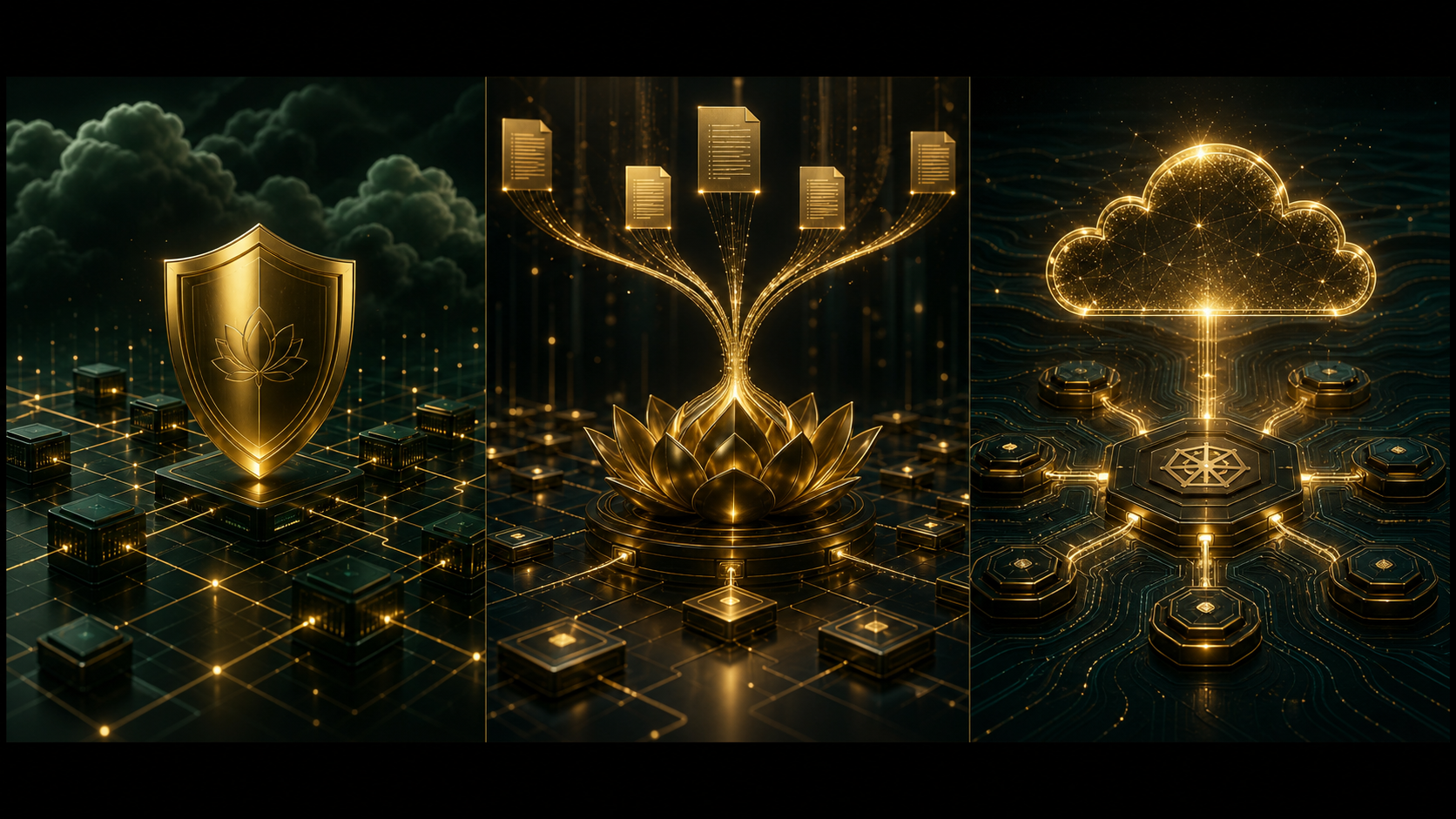 Golden shield over a cloud infrastructure grid